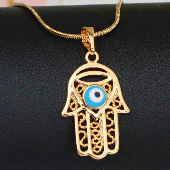 "Rose Gold Hamsa Hand Pendant with Blue Evil Eye and Filigree Design, XPPT1483 - Picture 1 of 12